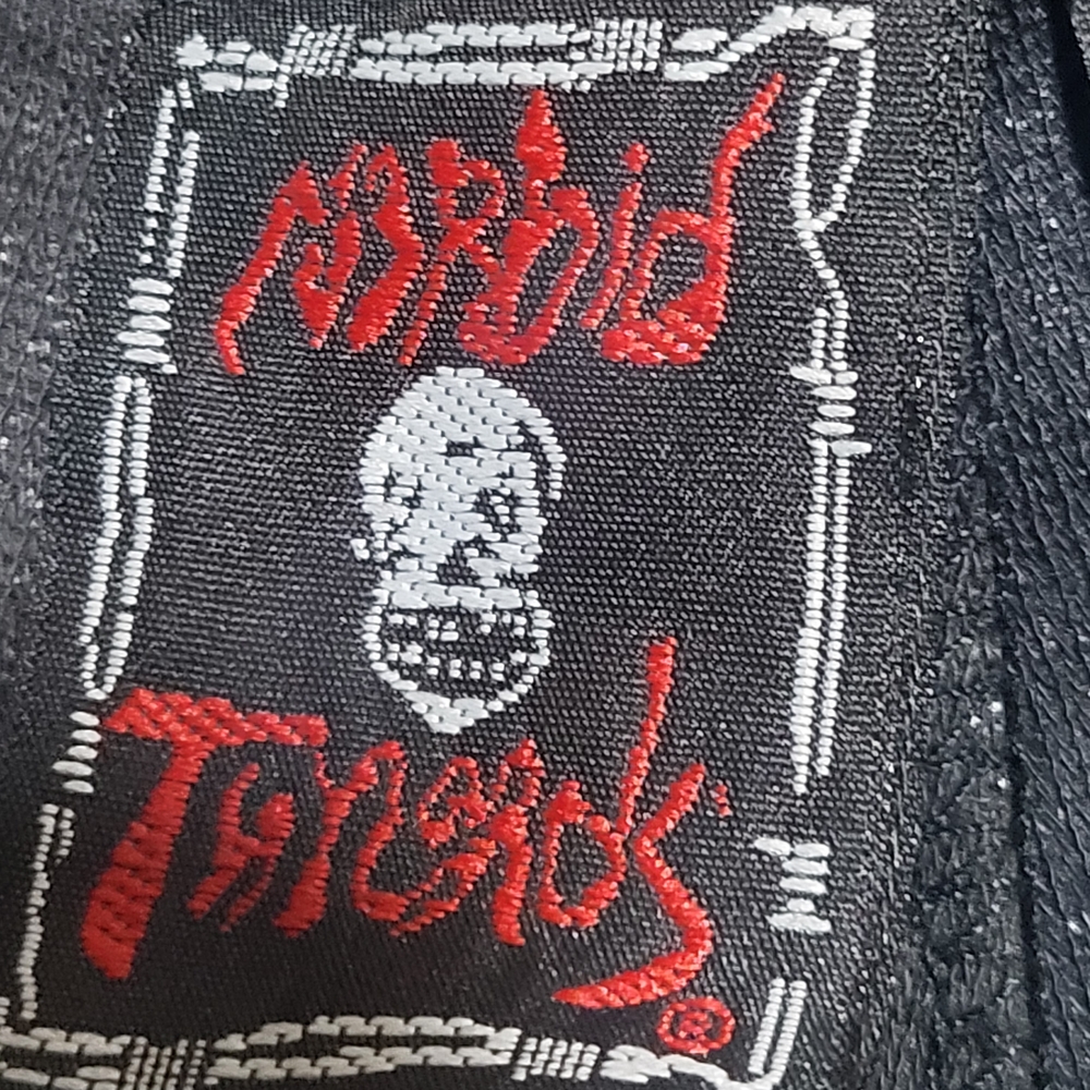 Morbid Threads Black and Red Graphic Patch, Faux Leather Jeans Wide Leg Size 2
